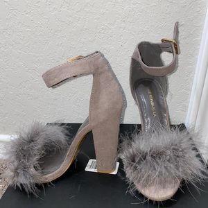 Feather Chunky Velvet Heels
